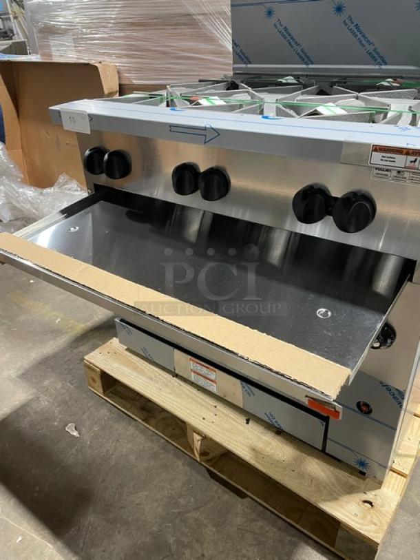 BRAND NEW! IN THE BOX! Vulcan Endurance Series Commercial Stainless Steel Natural Gas Powered 6 Burner Range & Oven Combo! With Chrome Plated Wire Oven Racks! With Back Splash & Overhead Salamander Shelf! Model: 36S-6BN SN: 482067916! With Legs! - Image 13 of 17