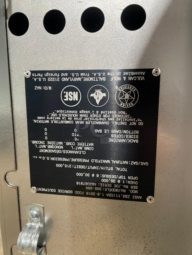 BRAND NEW! IN THE BOX! Vulcan Endurance Series Commercial Stainless Steel Natural Gas Powered 6 Burner Range & Oven Combo! With Chrome Plated Wire Oven Racks! With Back Splash & Overhead Salamander Shelf! Model: 36S-6BN SN: 482067916! With Legs! - Image 15 of 17