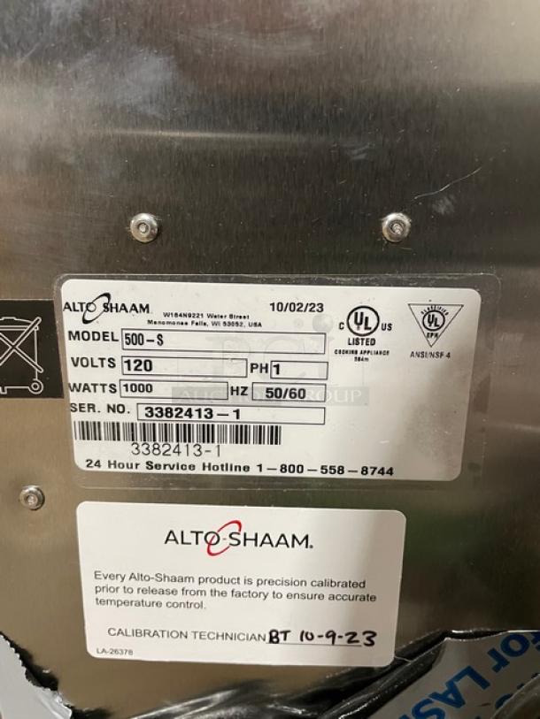 BRAND NEW! IN THE BOX! Alto-Shaam! 2023!  Halo Heat Series Commercial Stainless Steel 6 Pan Low Temp Hot Food Holding Cabinet! EcoSmart Certified! With Adjustable Thermostat! With Chrome Plated Wired Racks! Model: 500-S SN: 3382413-1! 120V 1 Phase! On Casters! - Image 12 of 13