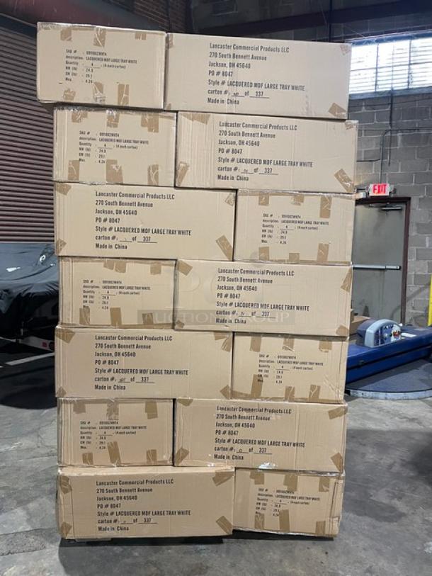 NEW! FULL PALLET! Wescon By Lancaster Commercial Products Commercial White Large Size Lacquered MDF Serving Trays! With Handles! Model: 0911002WHT4! ALL NEW IN THE BOX! 28X Your Bid! - Image 1 of 12