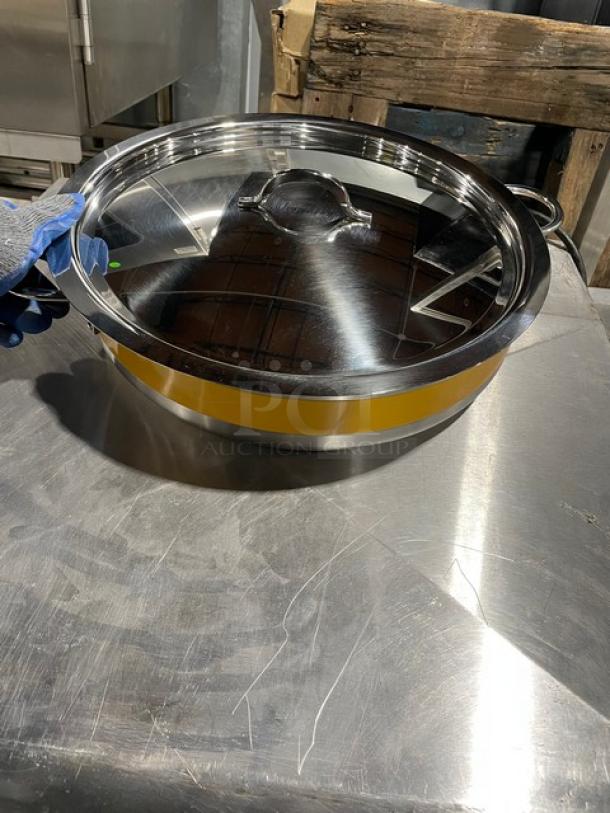 BRAND NEW! IN THE BOX! Bon Chef Commercial Stainless Steel Yellow Striped 9 Qt Classic Country French Pot! With Induction Bottom! With Handles & Cover! Model: 60032CFYELLOW! ALL NEW IN THE BOX! 4X Your Bid! - Image 5 of 9