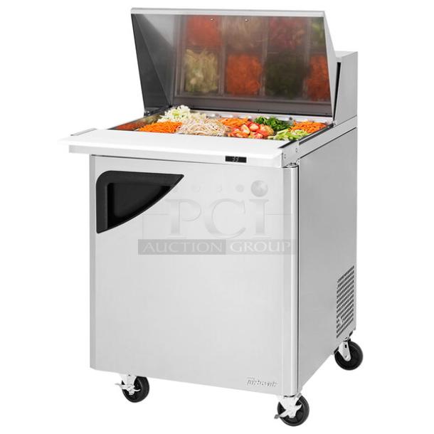 BRAND NEW! IN THE BOX! Turbo Air Super Deluxe Series Commercial Stainless Steel 1 Door Refrigerated Bain Marie Style Mega Top Sald/Sandwich Prep Table! With Chrome Plated Wire Racks! With Removable Cutting Board! With Clear Polycarbonate Food Pans! Model: TST-28SD-12-N SN: H2VTM2RI3003! 115V 1 Phase! With Casters! - Image 1 of 14