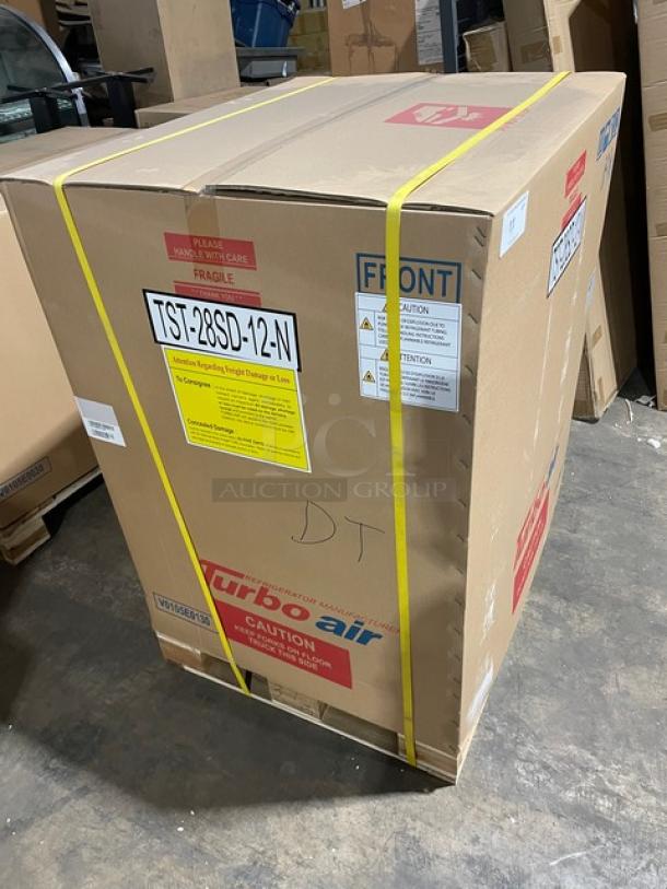 BRAND NEW! IN THE BOX! Turbo Air Super Deluxe Series Commercial Stainless Steel 1 Door Refrigerated Bain Marie Style Mega Top Sald/Sandwich Prep Table! With Chrome Plated Wire Racks! With Removable Cutting Board! With Clear Polycarbonate Food Pans! Model: TST-28SD-12-N SN: H2VTM2RI3003! 115V 1 Phase! With Casters! - Image 3 of 14