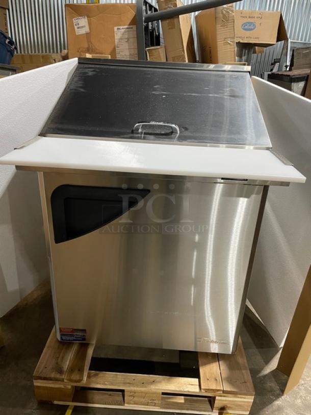 BRAND NEW! IN THE BOX! Turbo Air Super Deluxe Series Commercial Stainless Steel 1 Door Refrigerated Bain Marie Style Mega Top Sald/Sandwich Prep Table! With Chrome Plated Wire Racks! With Removable Cutting Board! With Clear Polycarbonate Food Pans! Model: TST-28SD-12-N SN: H2VTM2RI3003! 115V 1 Phase! With Casters! - Image 4 of 14
