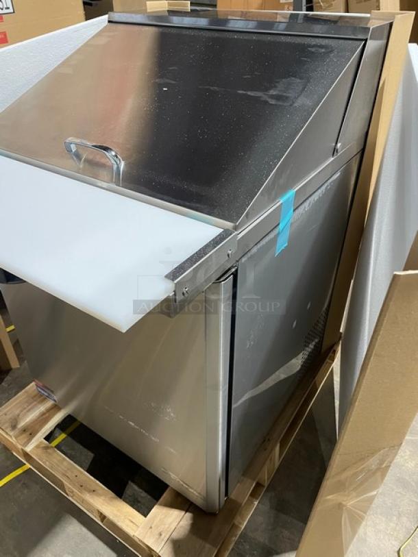 BRAND NEW! IN THE BOX! Turbo Air Super Deluxe Series Commercial Stainless Steel 1 Door Refrigerated Bain Marie Style Mega Top Sald/Sandwich Prep Table! With Chrome Plated Wire Racks! With Removable Cutting Board! With Clear Polycarbonate Food Pans! Model: TST-28SD-12-N SN: H2VTM2RI3003! 115V 1 Phase! With Casters! - Image 5 of 14