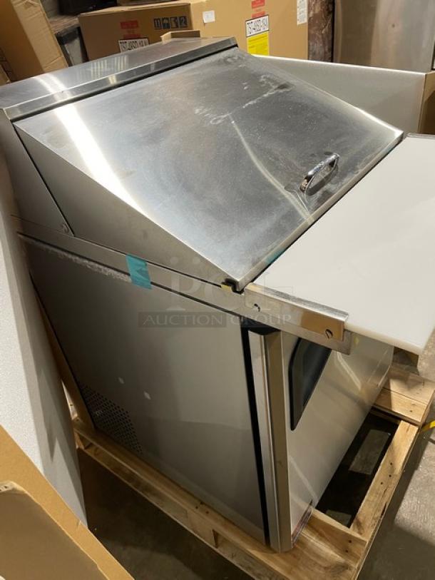 BRAND NEW! IN THE BOX! Turbo Air Super Deluxe Series Commercial Stainless Steel 1 Door Refrigerated Bain Marie Style Mega Top Sald/Sandwich Prep Table! With Chrome Plated Wire Racks! With Removable Cutting Board! With Clear Polycarbonate Food Pans! Model: TST-28SD-12-N SN: H2VTM2RI3003! 115V 1 Phase! With Casters! - Image 7 of 14
