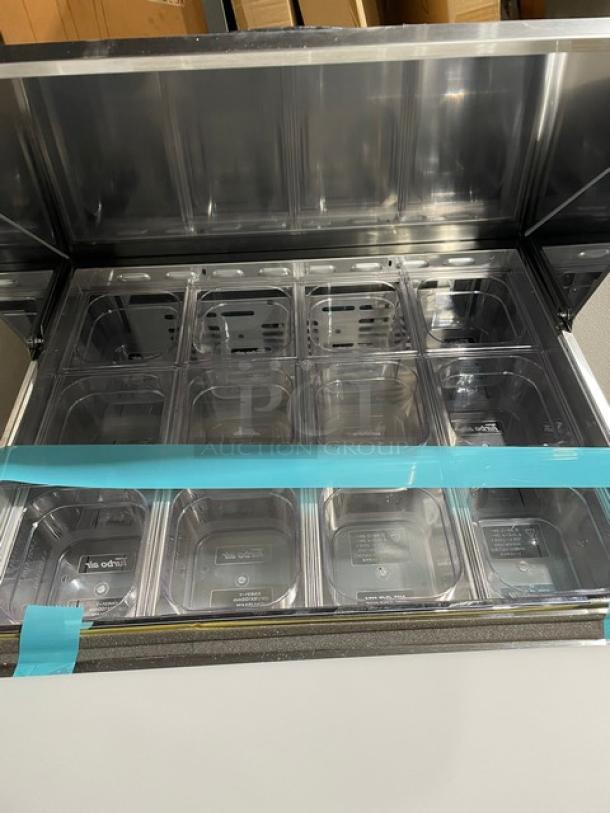 BRAND NEW! IN THE BOX! Turbo Air Super Deluxe Series Commercial Stainless Steel 1 Door Refrigerated Bain Marie Style Mega Top Sald/Sandwich Prep Table! With Chrome Plated Wire Racks! With Removable Cutting Board! With Clear Polycarbonate Food Pans! Model: TST-28SD-12-N SN: H2VTM2RI3003! 115V 1 Phase! With Casters! - Image 8 of 14
