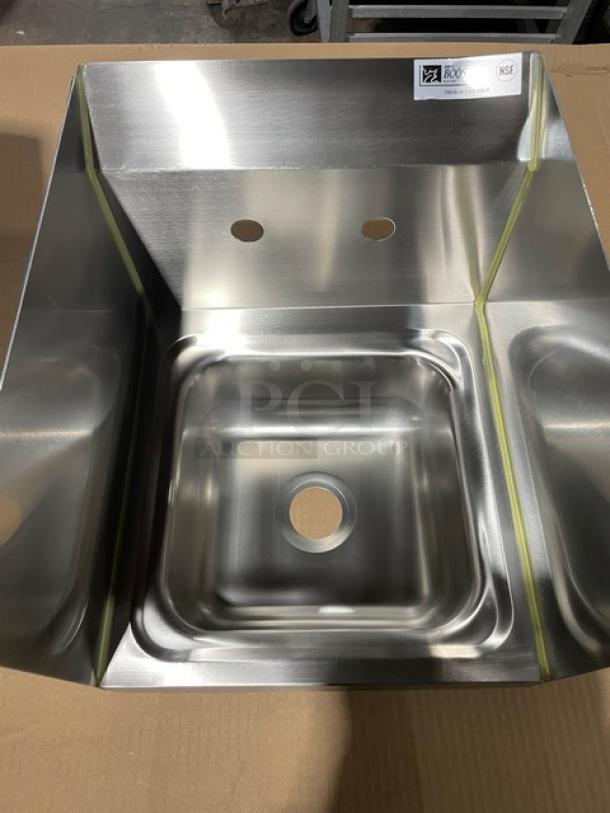 BRAND NEW! IN THE BOX! John Boos Commercial Stainless Steel Wall Mount Pro-Bowl Hand Washing Sink! With Back & Side Splashes! With Faucet Holes! With Basket Drain & Mounting Brackets! Model: PBHS-W-0909-SSLR! - Image 10 of 12