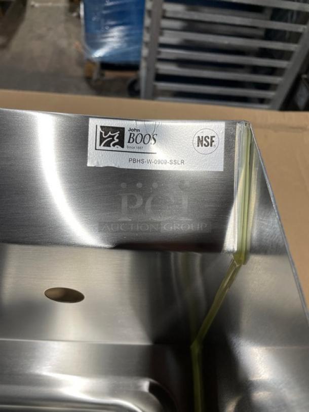 BRAND NEW! IN THE BOX! John Boos Commercial Stainless Steel Wall Mount Pro-Bowl Hand Washing Sink! With Back & Side Splashes! With Faucet Holes! With Basket Drain & Mounting Brackets! Model: PBHS-W-0909-SSLR! - Image 11 of 12