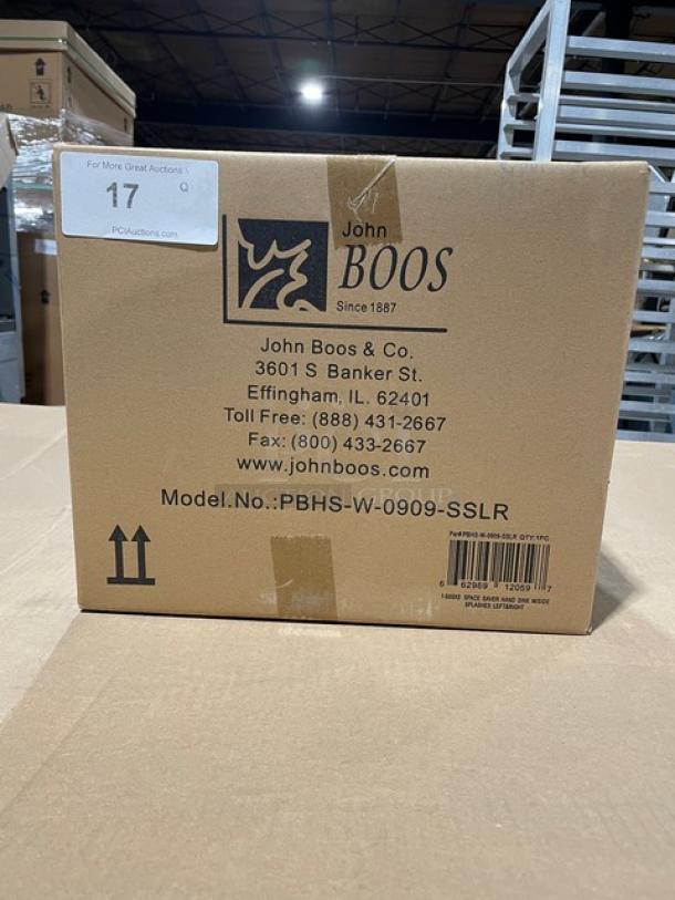 BRAND NEW! IN THE BOX! John Boos Commercial Stainless Steel Wall Mount Pro-Bowl Hand Washing Sink! With Back & Side Splashes! With Faucet Holes! With Basket Drain & Mounting Brackets! Model: PBHS-W-0909-SSLR! - Image 2 of 12