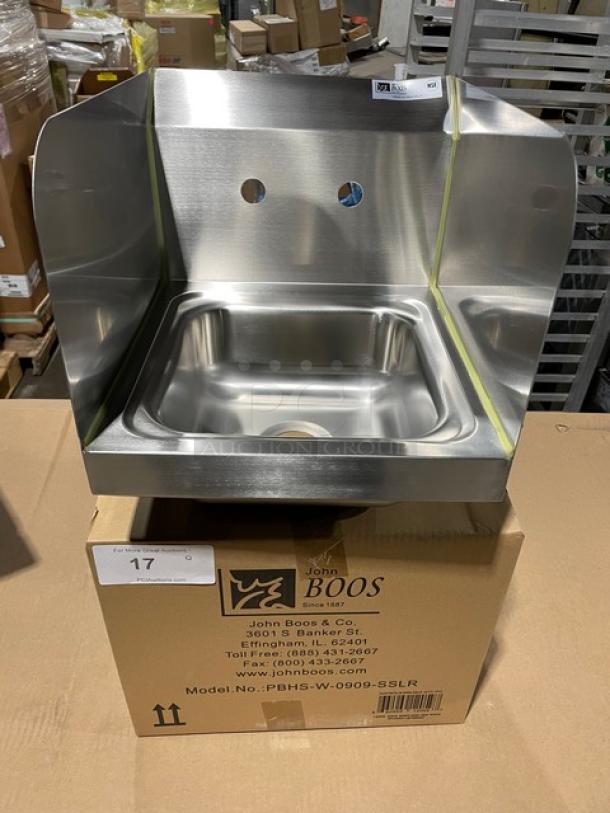 BRAND NEW! IN THE BOX! John Boos Commercial Stainless Steel Wall Mount Pro-Bowl Hand Washing Sink! With Back & Side Splashes! With Faucet Holes! With Basket Drain & Mounting Brackets! Model: PBHS-W-0909-SSLR! - Image 7 of 12