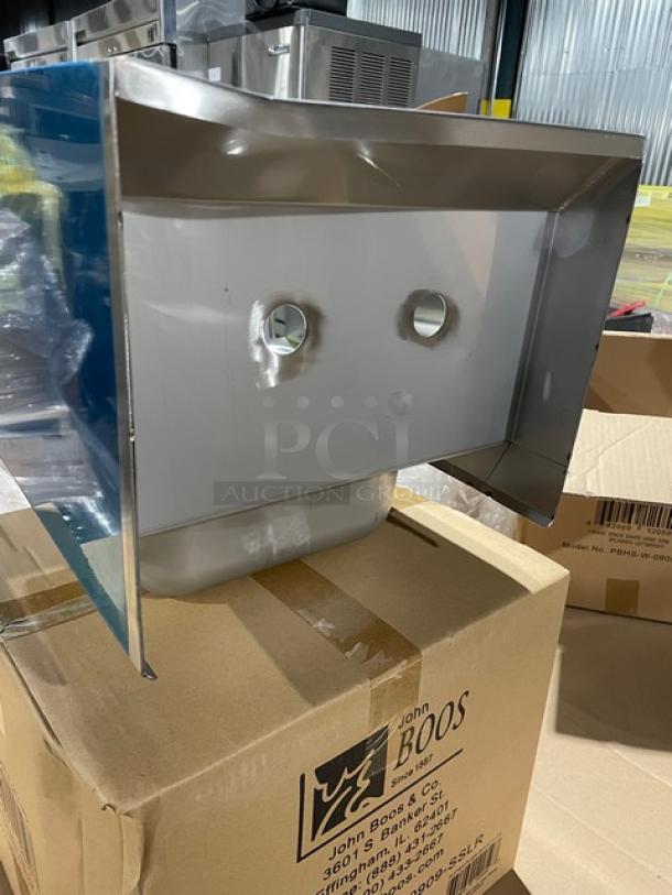 BRAND NEW! IN THE BOX! John Boos Commercial Stainless Steel Wall Mount Pro-Bowl Hand Washing Sink! With Back & Side Splashes! With Faucet Holes! With Basket Drain & Mounting Brackets! Model: PBHS-W-0909-SSLR! - Image 9 of 12