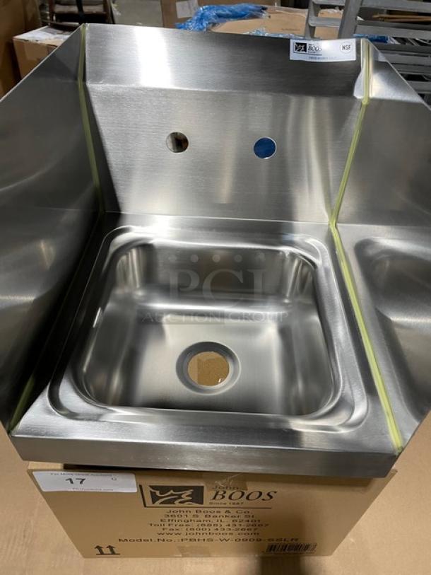 BRAND NEW! IN THE BOX! John Boos Commercial Stainless Steel Wall Mount Pro-Bowl Hand Washing Sink! With Back & Side Splashes! With Faucet Holes! With Basket Drain & Mounting Brackets! Model: PBHS-W-0909-SSLR! - Image 11 of 12