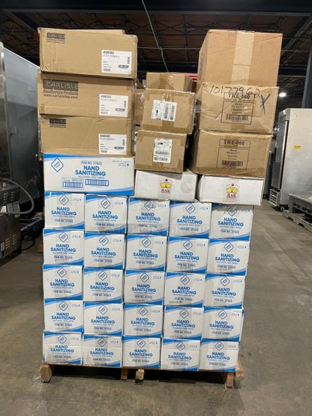 NEW! MIXED PALLET! Tuxton Reno Series Commercial Eggshell White 16 Oz. China Bowls! Model: TRE-060! With Carlisle Epicure Series Commercial White Melamine 8" Dinner Plates! Model: 4380302! With Wipes Plus Commercial Alcohol-Free Hand Sanitizing Wipe Refills! Model: 37503! With Rak Porcelain USA Commercial Rectangular Mini Max 15-3/4" x 4-1/4" Trays! Model: OPRL40! With Carlisle Sparta Spectrum Series Commercial Red Cutting Boards! Model: N10888! With San Jamar Summit Arriba Series Commercial Twist Passive Dispenser! Model: WP9070BKSS! ALL NEW IN THE BOX! 97X Your Bid! - Image 1 of 11