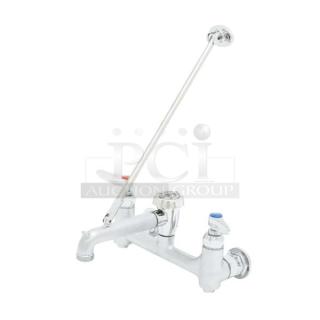 BRAND NEW! IN THE BOX! T & S Brass Commercial Chrome Plated Wall Mount Service Sink Faucet! With Built-In Stops! With Vacuum Breaker Spout & Pail Hook! With 3/4" Garden Hose Outlet! With Upper Support Rod! Model: B-0665-BSTR!