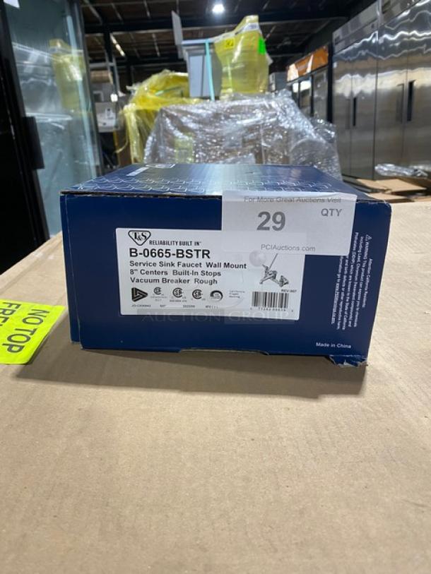 BRAND NEW! IN THE BOX! T & S Brass Commercial Chrome Plated Wall Mount Service Sink Faucet! With Built-In Stops! With Vacuum Breaker Spout & Pail Hook! With 3/4" Garden Hose Outlet! With Upper Support Rod! Model: B-0665-BSTR! - Image 2 of 10