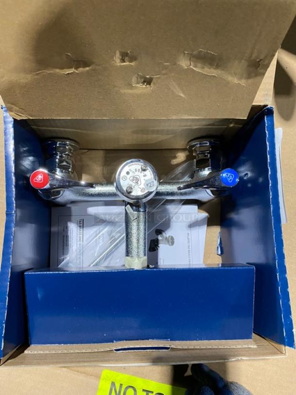 BRAND NEW! IN THE BOX! T & S Brass Commercial Chrome Plated Wall Mount Service Sink Faucet! With Built-In Stops! With Vacuum Breaker Spout & Pail Hook! With 3/4" Garden Hose Outlet! With Upper Support Rod! Model: B-0665-BSTR! - Image 6 of 10