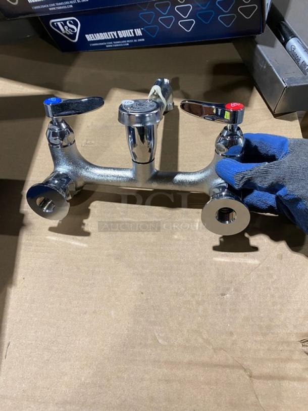 BRAND NEW! IN THE BOX! T & S Brass Commercial Chrome Plated Wall Mount Service Sink Faucet! With Built-In Stops! With Vacuum Breaker Spout & Pail Hook! With 3/4" Garden Hose Outlet! With Upper Support Rod! Model: B-0665-BSTR! - Image 9 of 10