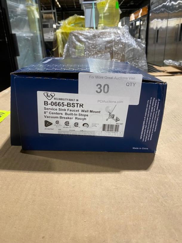 BRAND NEW! IN THE BOX! T & S Brass Commercial Chrome Plated Wall Mount Service Sink Faucet! With Built-In Stops! With Vacuum Breaker Spout & Pail Hook! With 3/4" Garden Hose Outlet! With Upper Support Rod! Model: B-0665-BSTR! - Image 2 of 9
