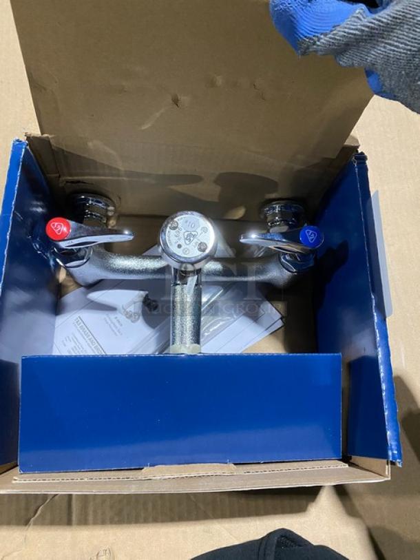 BRAND NEW! IN THE BOX! T & S Brass Commercial Chrome Plated Wall Mount Service Sink Faucet! With Built-In Stops! With Vacuum Breaker Spout & Pail Hook! With 3/4" Garden Hose Outlet! With Upper Support Rod! Model: B-0665-BSTR! - Image 4 of 9
