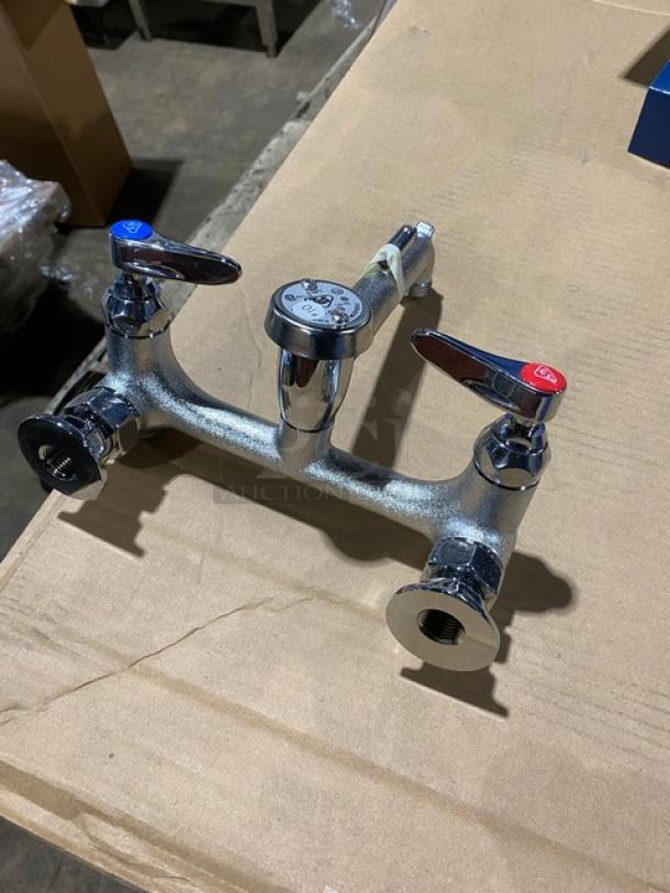 BRAND NEW! IN THE BOX! T & S Brass Commercial Chrome Plated Wall Mount Service Sink Faucet! With Built-In Stops! With Vacuum Breaker Spout & Pail Hook! With 3/4" Garden Hose Outlet! With Upper Support Rod! Model: B-0665-BSTR! - Image 6 of 9