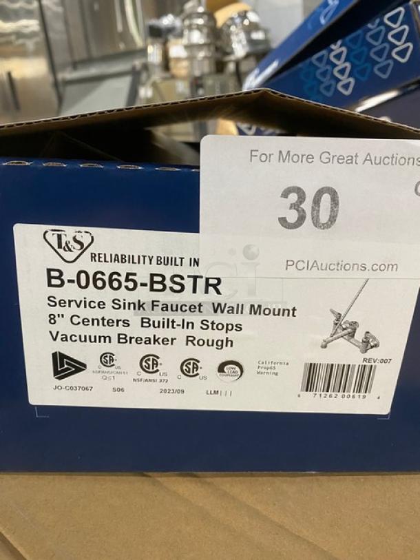 BRAND NEW! IN THE BOX! T & S Brass Commercial Chrome Plated Wall Mount Service Sink Faucet! With Built-In Stops! With Vacuum Breaker Spout & Pail Hook! With 3/4" Garden Hose Outlet! With Upper Support Rod! Model: B-0665-BSTR! - Image 9 of 9