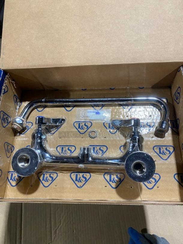 BRAND NEW! IN THE BOX! T & S Brass Commercial Chrome Plated Wall Mount Double Pantry Faucet! With 12" Swing Nozzle! With Stream Regulator Outlet! Model: B-0231! - Image 6 of 9