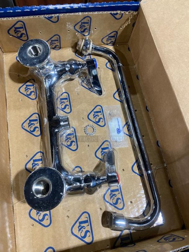 BRAND NEW! IN THE BOX! T & S Brass Commercial Chrome Plated Wall Mount Double Pantry Faucet! With 12" Swing Nozzle! With Stream Regulator Outlet! Model: B-0231! - Image 7 of 9