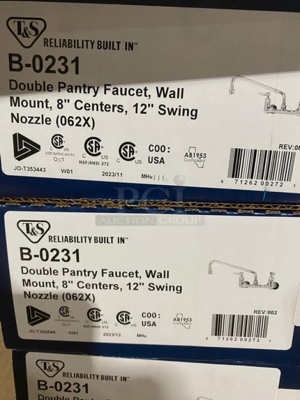 BRAND NEW! IN THE BOX! T & S Brass Commercial Chrome Plated Wall Mount Double Pantry Faucet! With 12" Swing Nozzle! With Stream Regulator Outlet! Model: B-0231! - Image 9 of 9