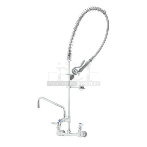 BRAND NEW! IN THE BOX! T & S Brass Commercial Chrome Plated Wall Mount Pre-Rinse Unit! With 12" Swing Nozzle! With 44" Flex Hose! With B-0107-C Low Flow Spray Valve! Model: B-0133-ADF12-BC! - Image 1 of 11