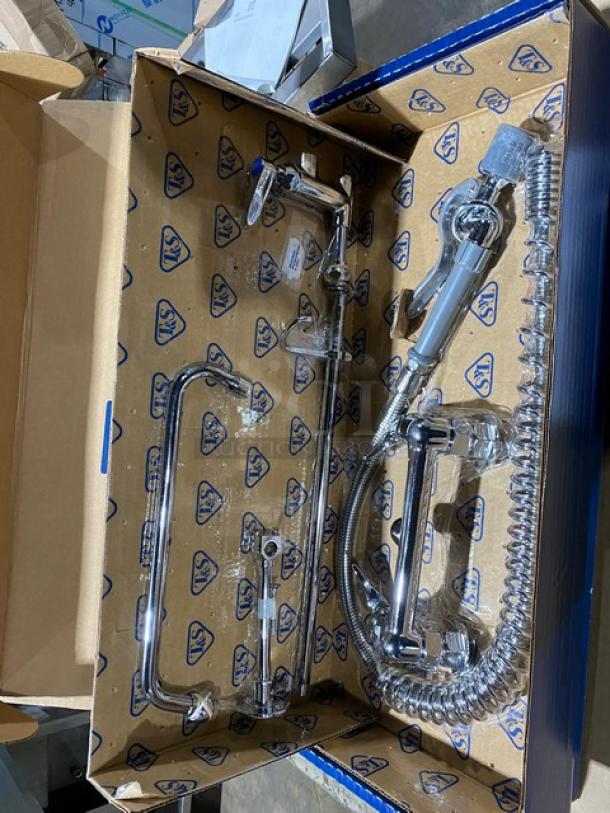 BRAND NEW! IN THE BOX! T & S Brass Commercial Chrome Plated Wall Mount Pre-Rinse Unit! With 12" Swing Nozzle! With 44" Flex Hose! With B-0107-C Low Flow Spray Valve! Model: B-0133-ADF12-BC! - Image 5 of 11