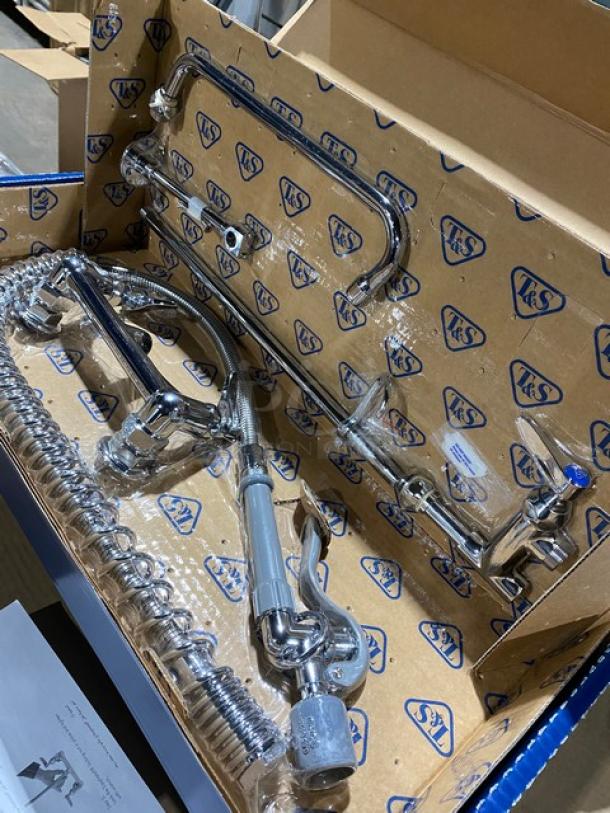 BRAND NEW! IN THE BOX! T & S Brass Commercial Chrome Plated Wall Mount Pre-Rinse Unit! With 12" Swing Nozzle! With 44" Flex Hose! With B-0107-C Low Flow Spray Valve! Model: B-0133-ADF12-BC! - Image 7 of 11