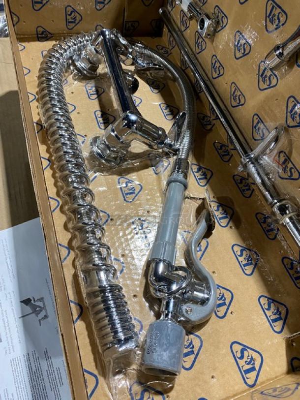 BRAND NEW! IN THE BOX! T & S Brass Commercial Chrome Plated Wall Mount Pre-Rinse Unit! With 12" Swing Nozzle! With 44" Flex Hose! With B-0107-C Low Flow Spray Valve! Model: B-0133-ADF12-BC! - Image 8 of 11