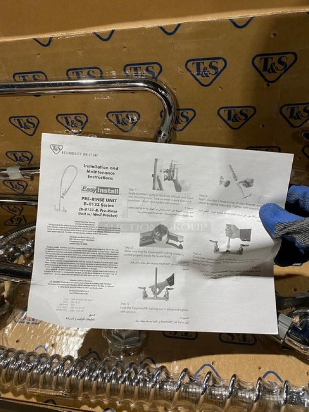 BRAND NEW! IN THE BOX! T & S Brass Commercial Chrome Plated Wall Mount Pre-Rinse Unit! With 12" Swing Nozzle! With 44" Flex Hose! With B-0107-C Low Flow Spray Valve! Model: B-0133-ADF12-BC! - Image 10 of 11