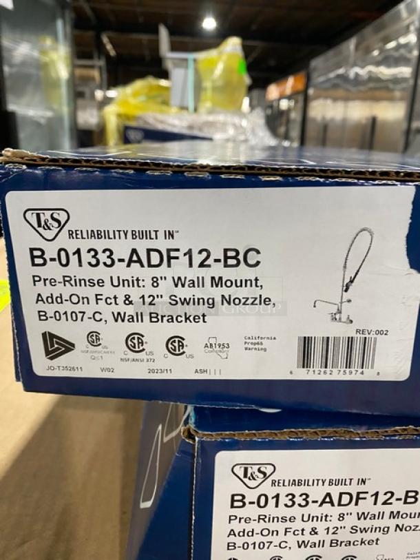 BRAND NEW! IN THE BOX! T & S Brass Commercial Chrome Plated Wall Mount Pre-Rinse Unit! With 12" Swing Nozzle! With 44" Flex Hose! With B-0107-C Low Flow Spray Valve! Model: B-0133-ADF12-BC! - Image 11 of 11