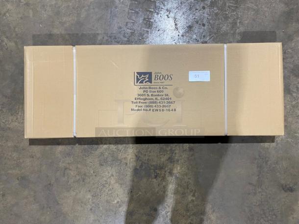 BRAND NEW! IN THE BOX! John Boos Commercial Stainless Steel 48" x 16" Wall-Mount Shelf! With Safety Stallion Front Edge! With 1.5" Turned Up Backsplash! With Support Brackets! Model: EWS8-1648! - Image 2 of 8