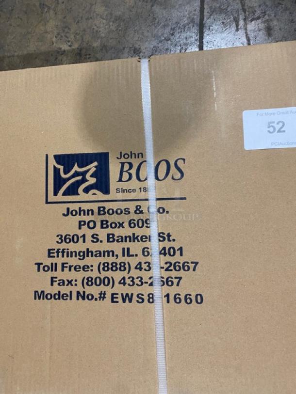 BRAND NEW! IN THE BOX! John Boos Commercial Stainless Steel 60" x 16" Wall-Mount Shelf! With Safety Stallion Front Edge! With 1.5" Turned Up Backsplash! With Support Brackets! Model: EWS8-1660! - Image 4 of 8