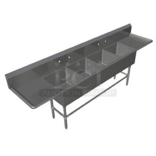 BRAND NEW! John Boos Commercial Stainless Steel 4 Compartment Pro-Bowl Sink! With Left & Right Side Drainboards! With 10" Boxed Back Splash! With Adjustable Bullet Feet Legs! Model: 44PB18-2D18!