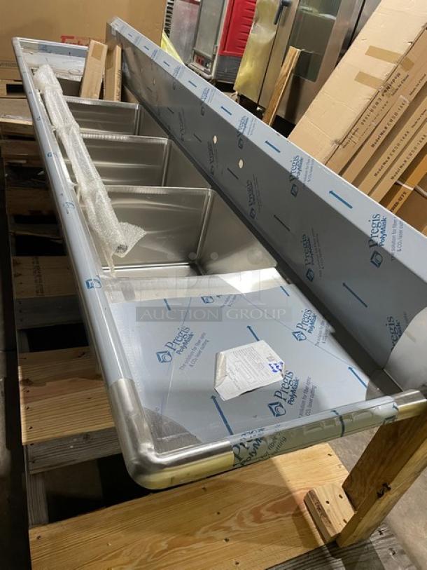 BRAND NEW! John Boos Commercial Stainless Steel 4 Compartment Pro-Bowl Sink! With Left & Right Side Drainboards! With 10" Boxed Back Splash! With Adjustable Bullet Feet Legs! Model: 44PB18-2D18! - Image 3 of 11