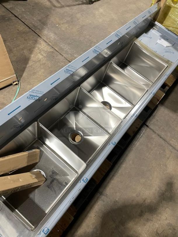 BRAND NEW! John Boos Commercial Stainless Steel 4 Compartment Pro-Bowl Sink! With Left & Right Side Drainboards! With 10" Boxed Back Splash! With Adjustable Bullet Feet Legs! Model: 44PB18-2D18! - Image 6 of 11