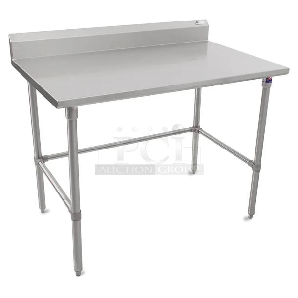 BRAND NEW! IN THE BOX! John Boos Commercial Stainless Steel 60" Worktop Table! With 5" Back Splash! With Safety Stallion Front Edge! With Adjustable Bracing! Model: ST6R5-3030SBK! With John Boos Commercial Heavy-Duty Casters! Model: CAS01-R! - Image 1 of 10