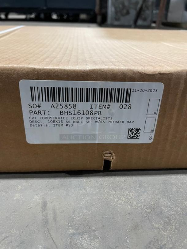 BRAND NEW! IN THE BOX! John Boos Commercial Stainless Steel 108" Wall Mount Shelf! With Pot Rack & Hooks! With 1.5" Rear Up-Turn Back Splash! Model: BHS16108PR! - Image 5 of 7