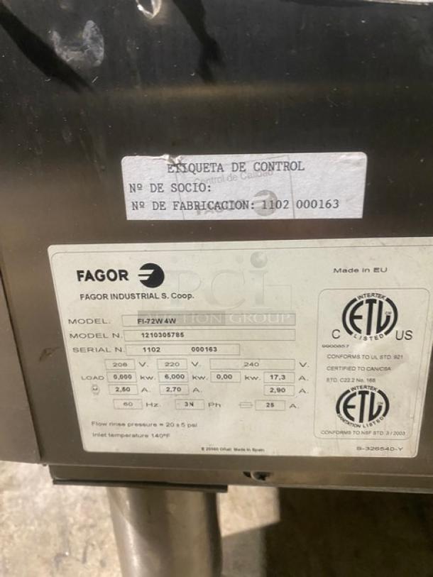 NEW! SCRATCH-N-DENT! Fagor Commercial Stainless Steel Free-Standing Professional Dishwasher! Energy Star Certified! Model: FI-72W4W SN: 1102 000163! 240V 3 Phase! On Legs! - Image 8 of 11