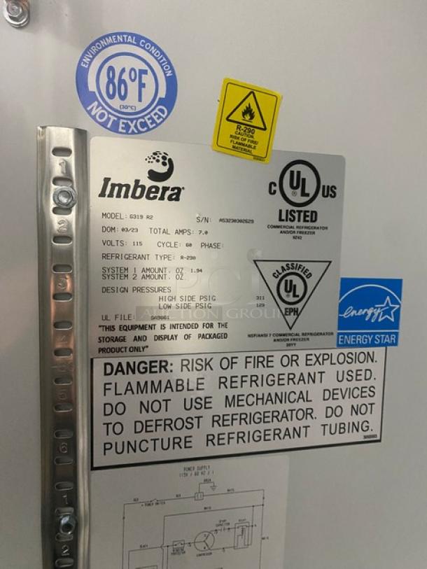 BRAND NEW! Imbera! Late Model 2023! Commercial Single Glass Swing Door Reach In Refrigerator Merchandiser! Energy Star Certified! With Poly Coated Wire Racks! Model: G319 R2 SN: A53230302629! 115V! With Legs! - Image 6 of 11