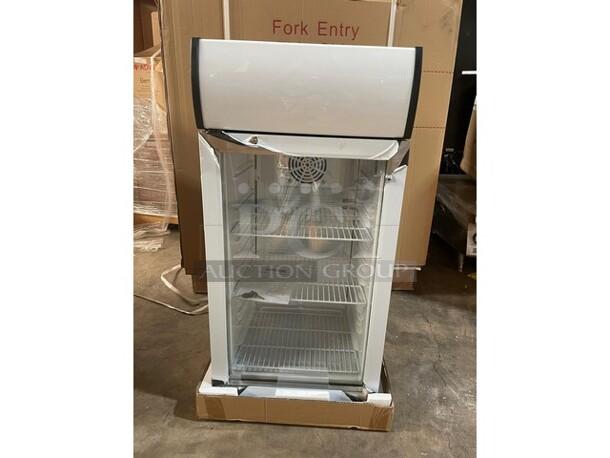 BRAND NEW! IN THE BOX! Nordon Commercial Single Glass Door Mini Countertop Refrigerator Merchandiser! With Customizable LED Lamp Box! With Poly Coated Racks! With Lock & Keys! Model: SC80B! 110/120V 1 Phase! - Image 3 of 8