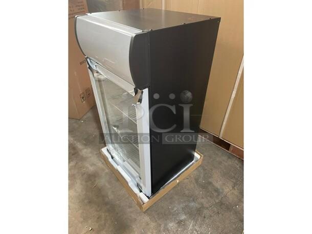 BRAND NEW! IN THE BOX! Nordon Commercial Single Glass Door Mini Countertop Refrigerator Merchandiser! With Customizable LED Lamp Box! With Poly Coated Racks! With Lock & Keys! Model: SC80B! 110/120V 1 Phase! - Image 4 of 8