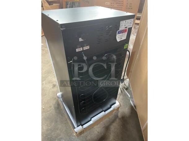 BRAND NEW! IN THE BOX! Nordon Commercial Single Glass Door Mini Countertop Refrigerator Merchandiser! With Customizable LED Lamp Box! With Poly Coated Racks! With Lock & Keys! Model: SC80B! 110/120V 1 Phase! - Image 5 of 8