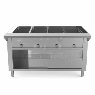 NEW! IN THE BOX! Prepline Commercial Stainless Steel Natural Gas Powered 60" Four Pan Open Well Hot Food Steam Table! With Independent Controls! With Enclosed Storage Base & Sliding Doors! Model: GSTC60-4O! On Legs!
