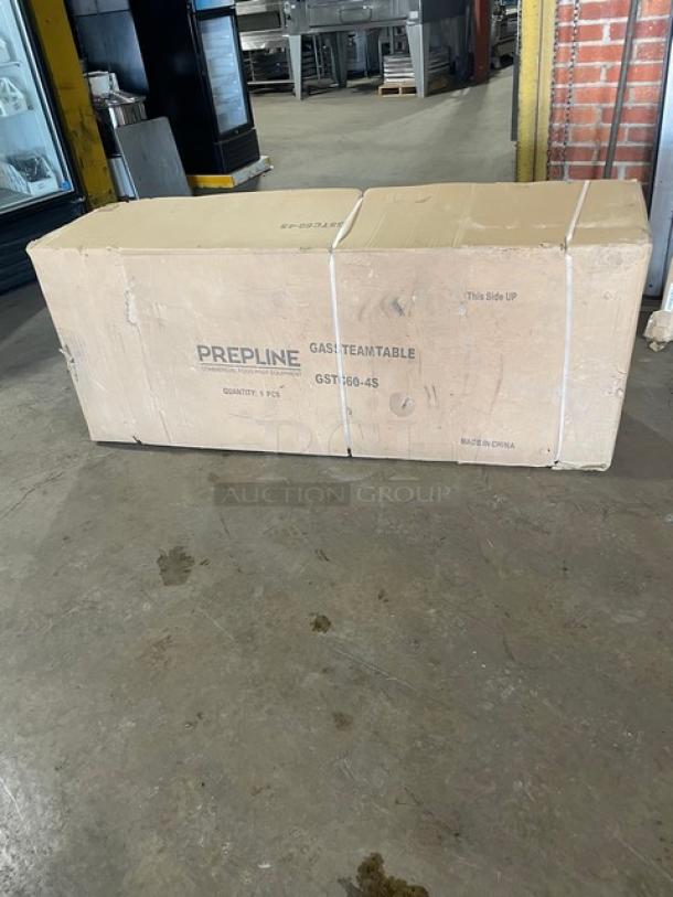 NEW! IN THE BOX! Prepline Commercial Stainless Steel Natural Gas Powered 60" Four Pan Open Well Hot Food Steam Table! With Independent Controls! With Enclosed Storage Base & Sliding Doors! Model: GSTC60-4O! On Legs! - Image 2 of 5