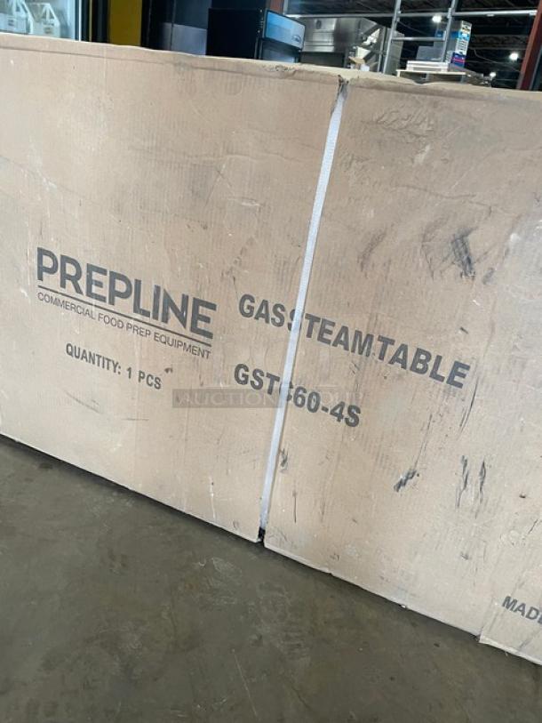 NEW! IN THE BOX! Prepline Commercial Stainless Steel Natural Gas Powered 60" Four Pan Open Well Hot Food Steam Table! With Independent Controls! With Enclosed Storage Base & Sliding Doors! Model: GSTC60-4O! On Legs! - Image 3 of 5